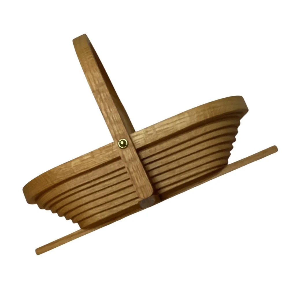 Handcrafted Oak Wood Collapsible Spiral Basket Folding Trivet Fruit Bowl 12in